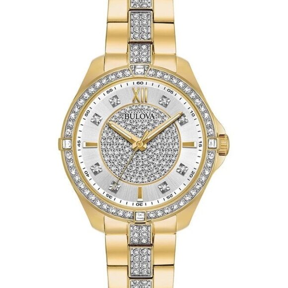 Bulova Crystal Accent Gold-Tone 35mm Watch with Silver-Tone Dial 98L228 - Picture 2 of 4